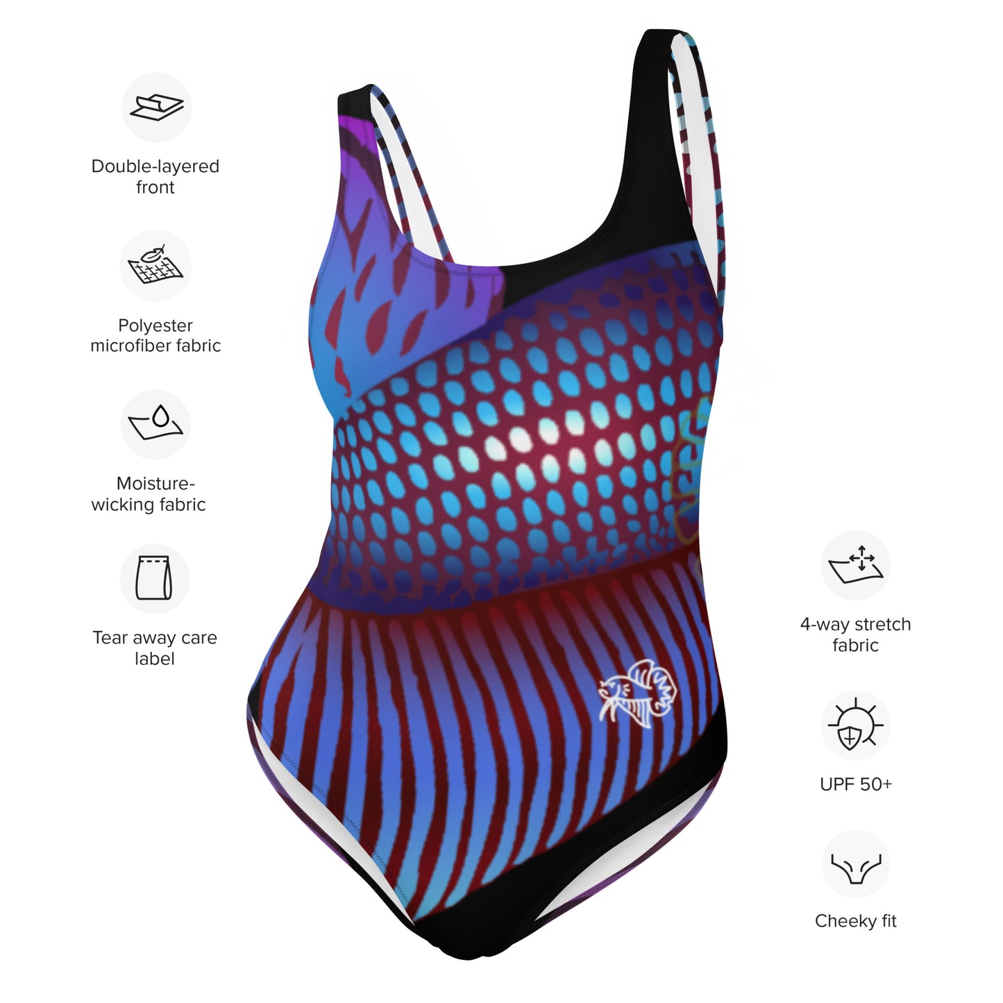 Hollow image of the Betta Ka one piece swimsuit in purples, reds, and blue patterns including with features listed..
