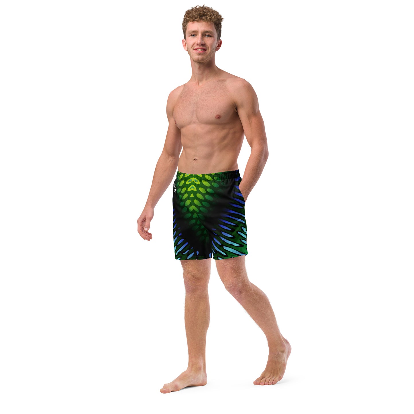 Male model wearing the Betta Yak Mens swim trunks in blue and green from the left front.