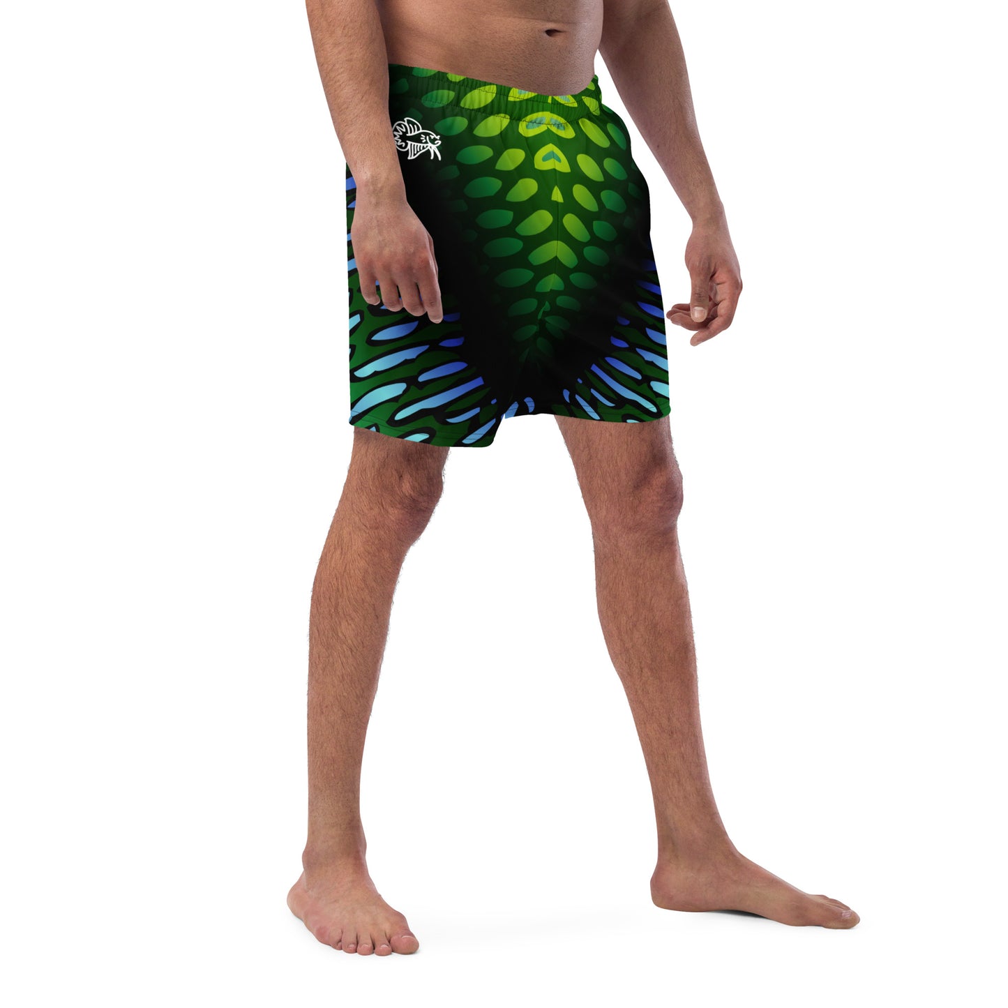 Male model wearing the Betta Yak Mens swim trunks in blue and green from the right front.