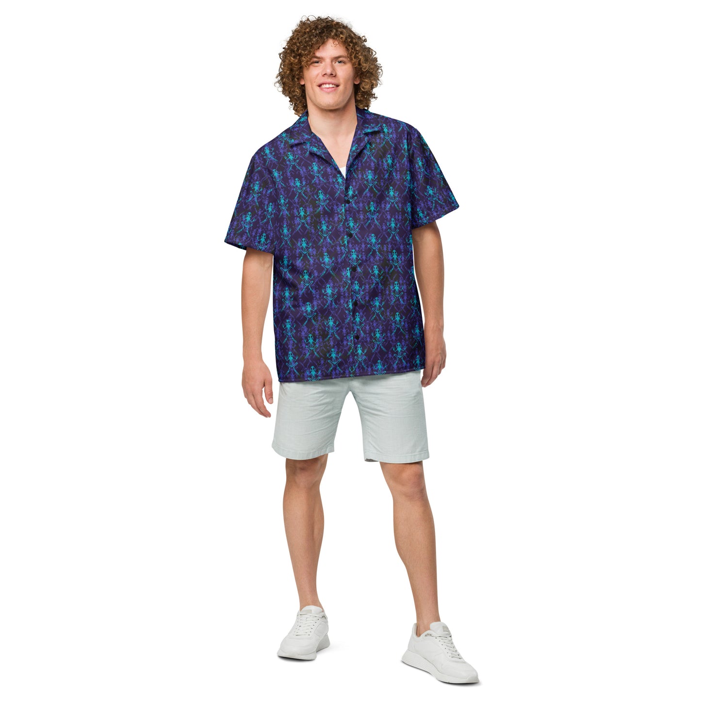Male model wearing the Anura Zeta Button down shirt with purple black and turquoise frog bones from the front.