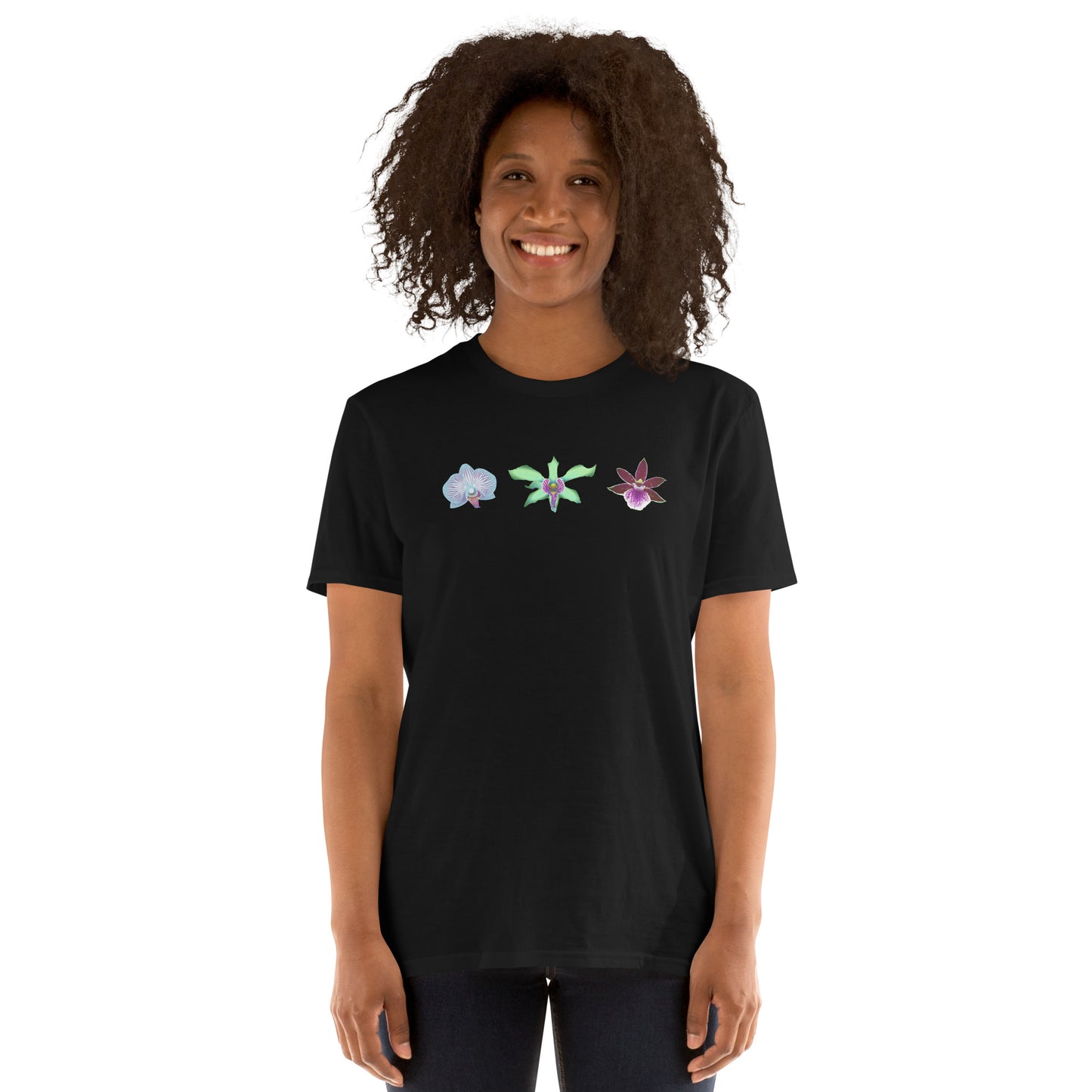 Model wearing the Triple Orchid T-Shirt in black from the front.