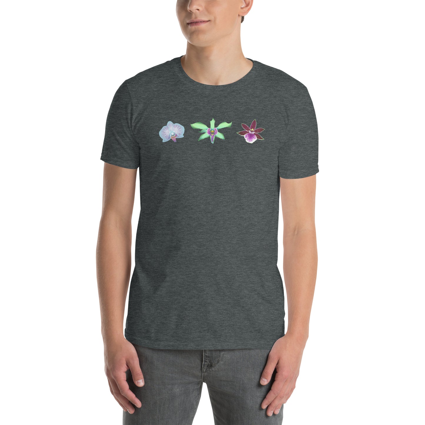 Male model wearing the Triple Orchid T-Shirt in dark heather from the front.