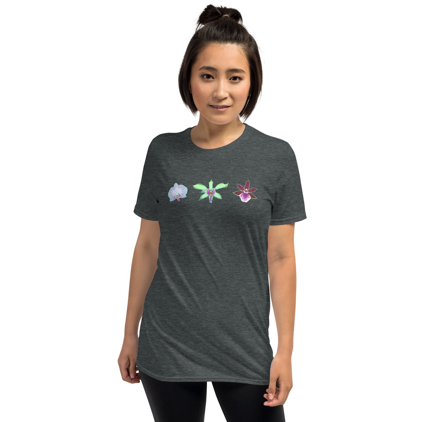 Model wearing the Triple Orchid T-Shirt in dark heather from the front.