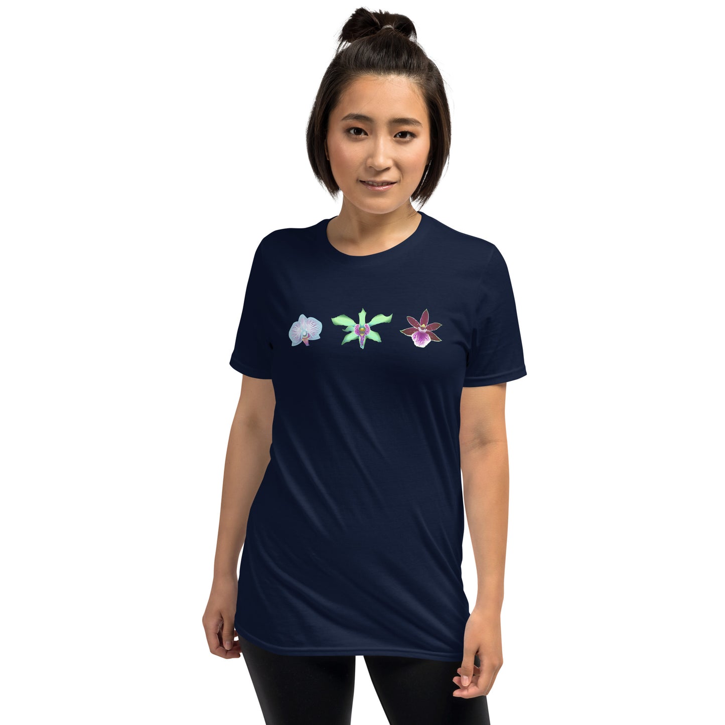 Model wearing the Triple Orchid T-Shirt in navy from the front.