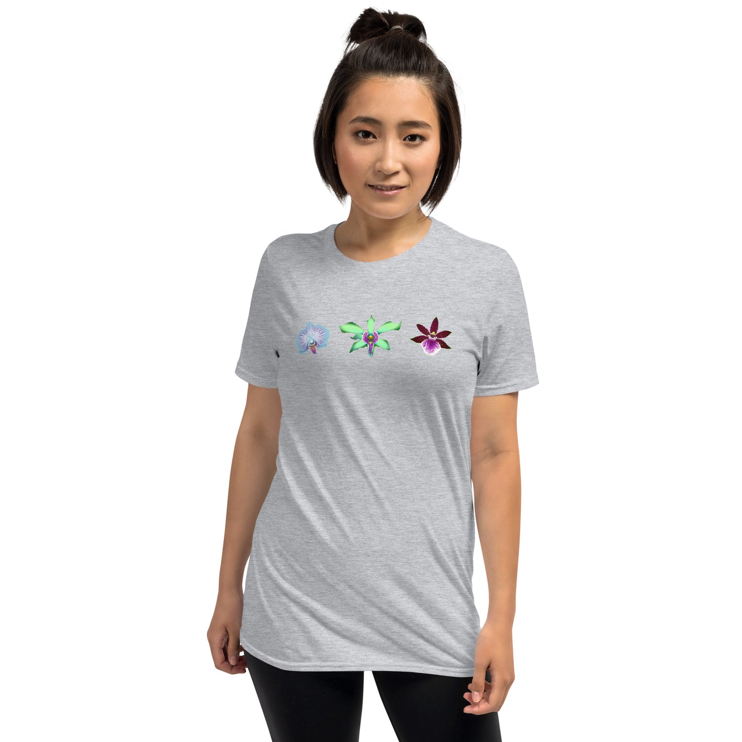 Model wearing the Triple Orchid T-Shirt in sport grey from the front.