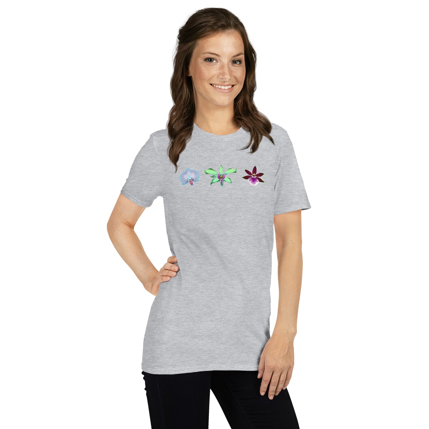 Model wearing the Triple Orchid T-Shirt in sport grey from the front.
