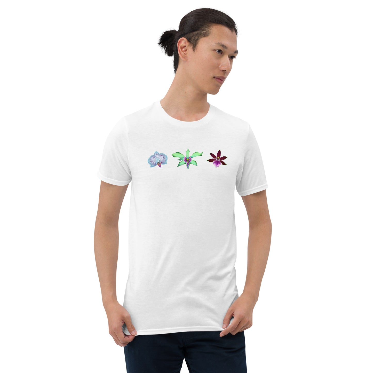 Male model wearing the Triple Orchid T-Shirt in white from the front.