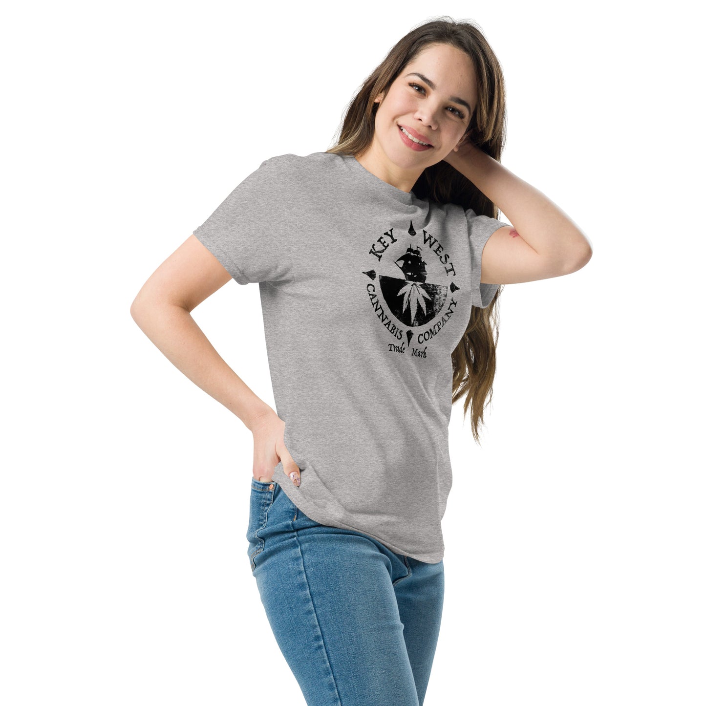 Woman modeling the Key West Cannabis Company Brand graphic in black on a Sport Grey Color T-shirt from the right front.