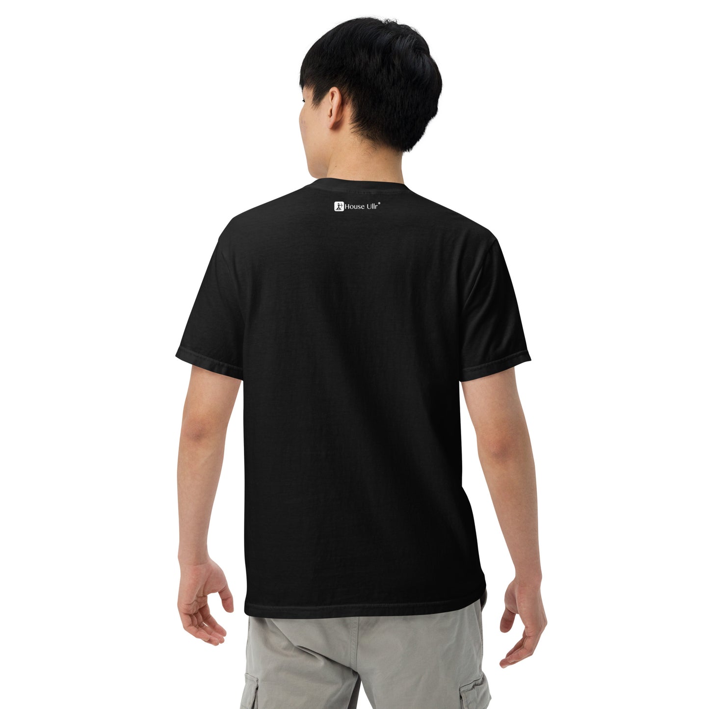 Man Modeling the House Ullr graphic in white on a black color t-shirt from the back.