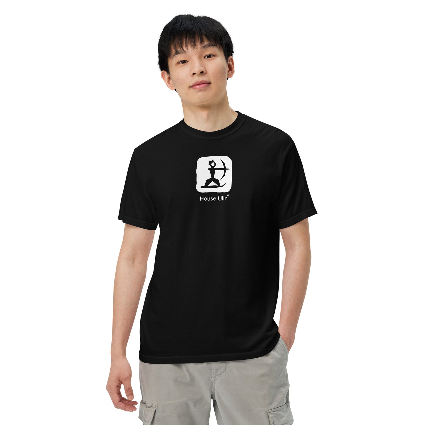 Man Modeling the House Ullr graphic in white on a black color t-shirt from the front.