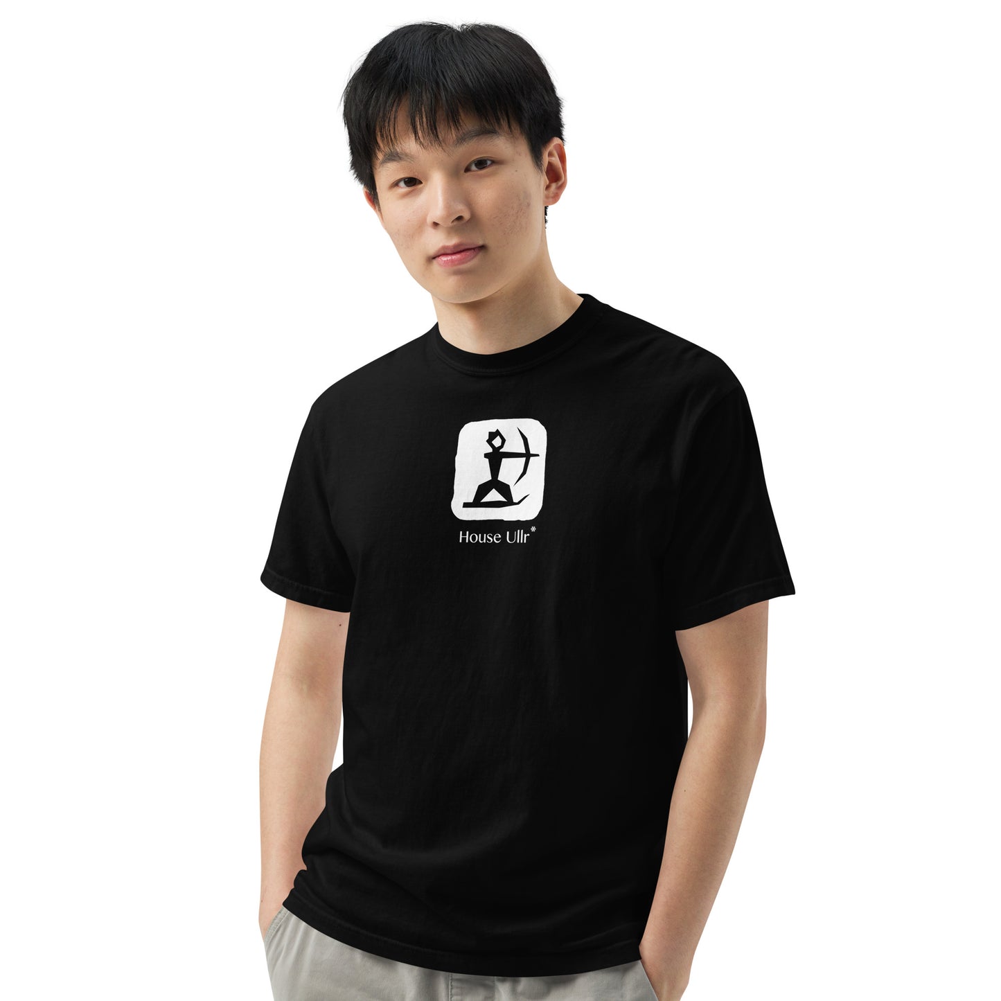 Close up of Man Modeling the House Ullr graphic in white on a black color t-shirt from the left front.