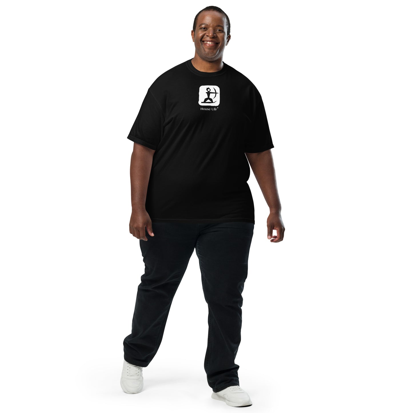 Man Modeling the House Ullr graphic in white on a black color t-shirt from the front.
