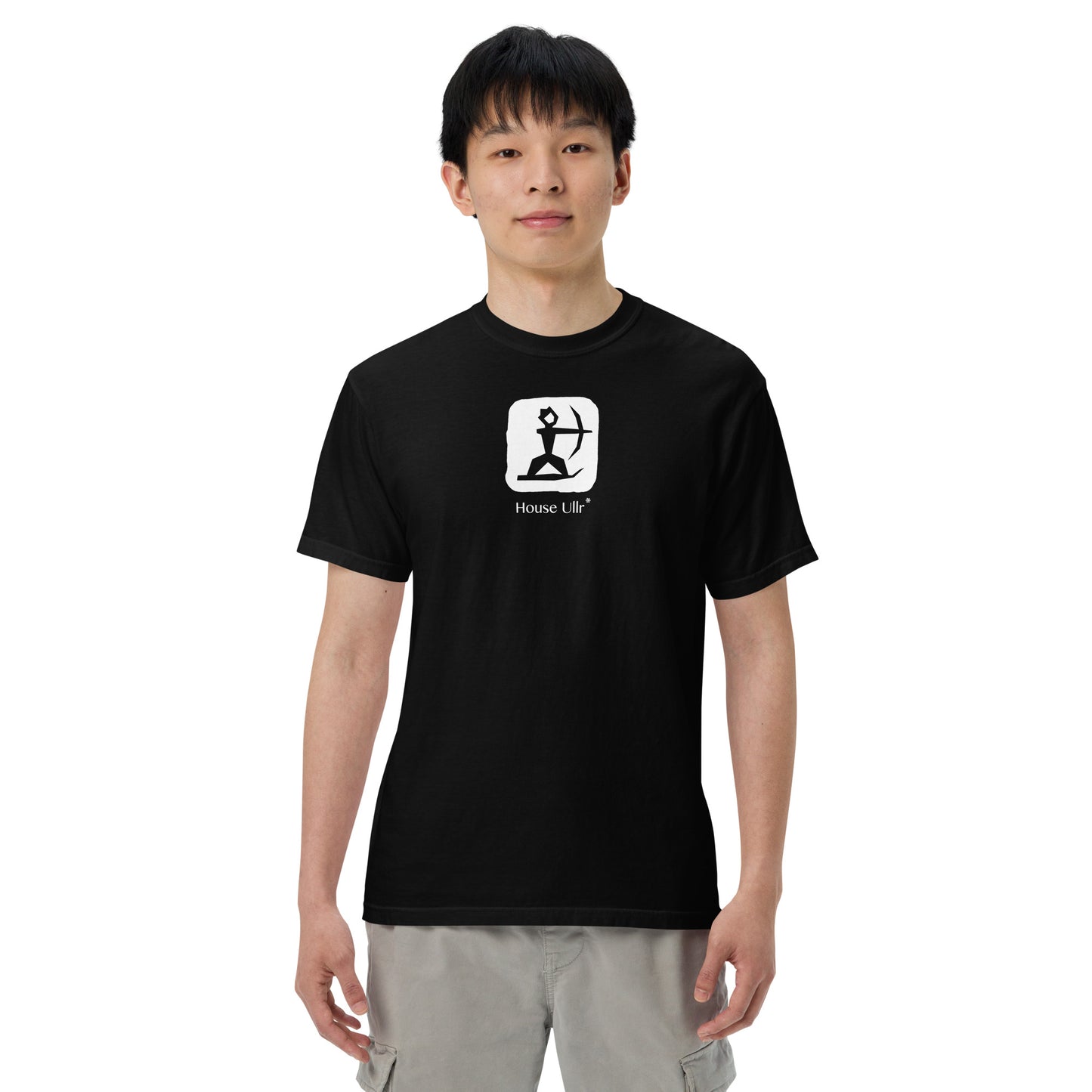 Man Modeling the House Ullr graphic in white on a black color t-shirt from the front.