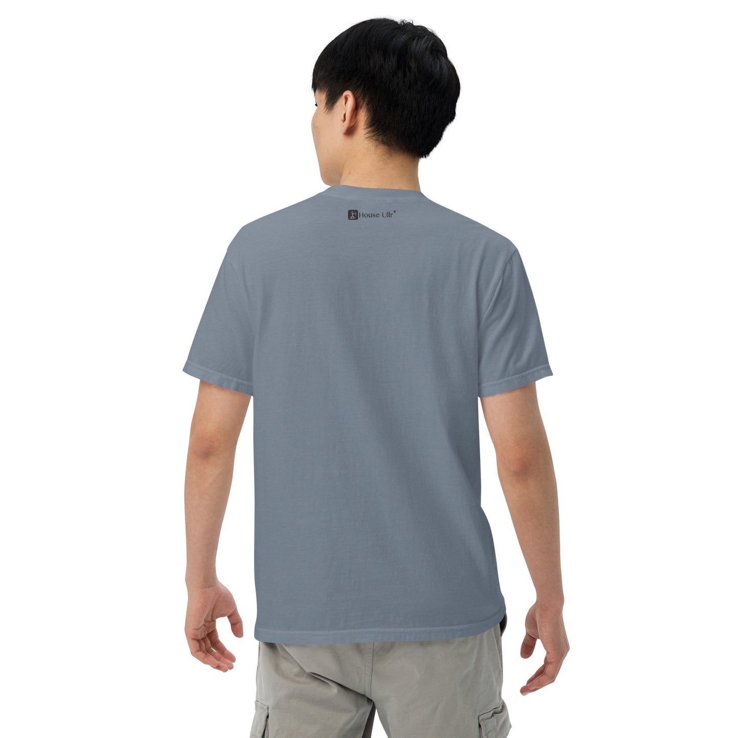 Man modeling the Key West Cannabis Company Brand T-shirt in Ice Blue from the back showing House Ullr Brand at the top.
