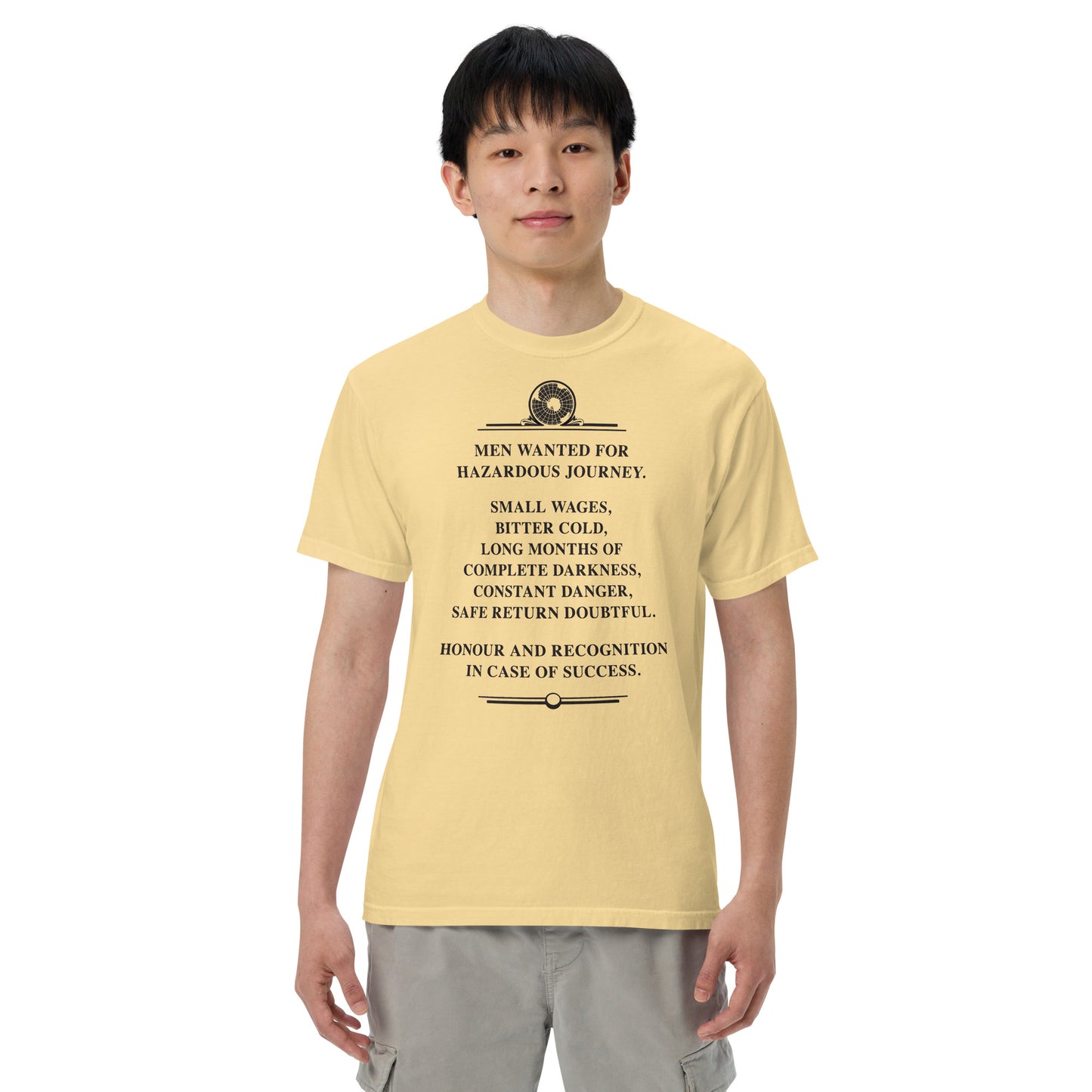 Model wearing the Constant Danger T-Shirt in black on bananna color from the front.