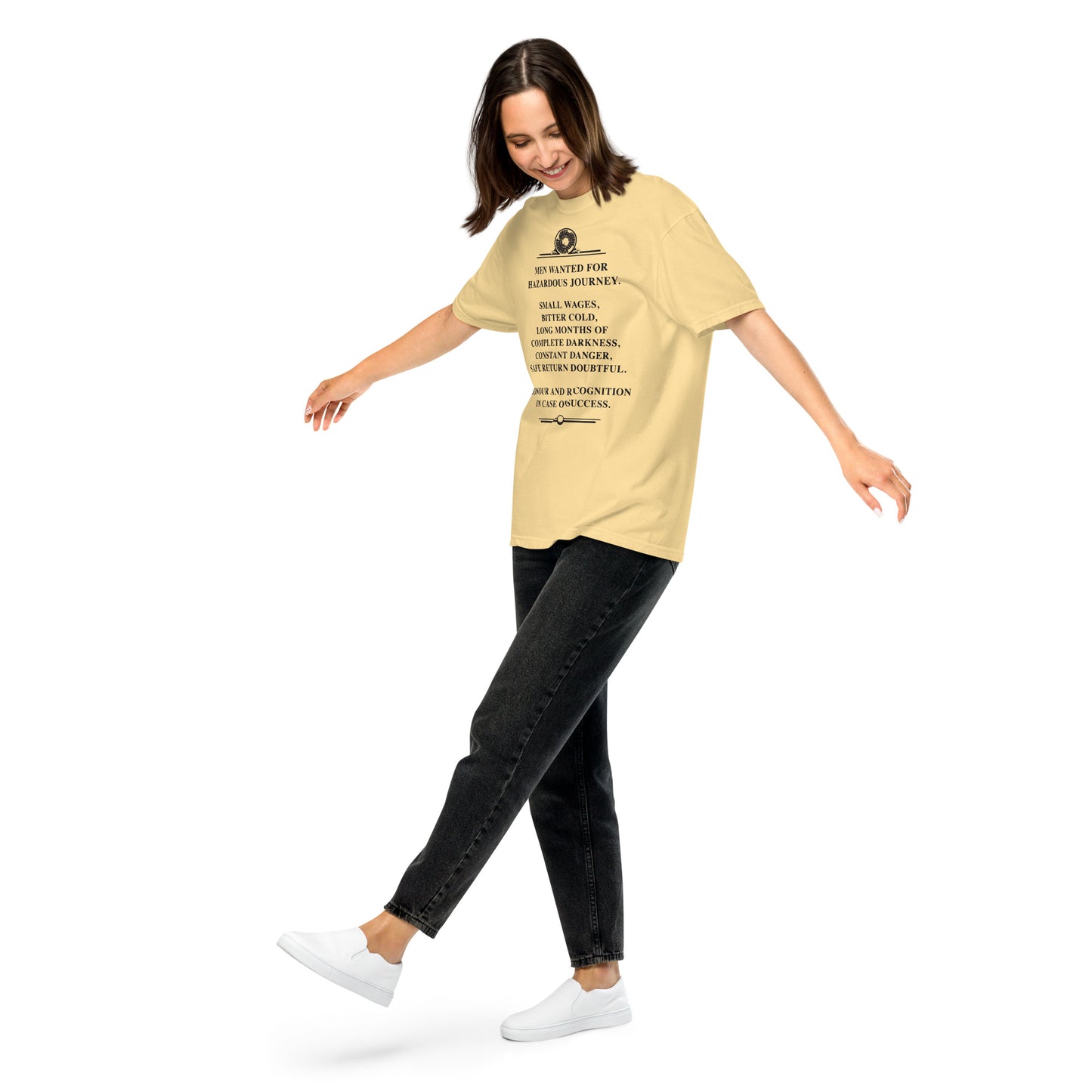 Model wearing the Constant Danger T-Shirt in black on bananna color from the left front.