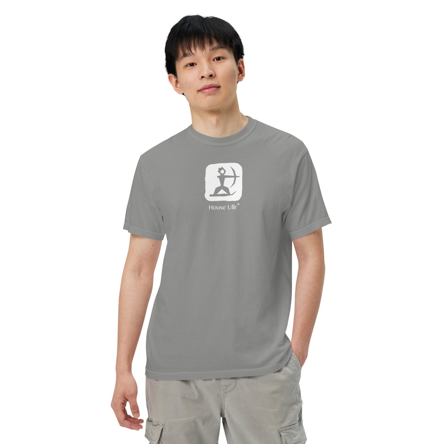 Man Modeling the House Ullr graphic in white on a grey t-shirt from the front.