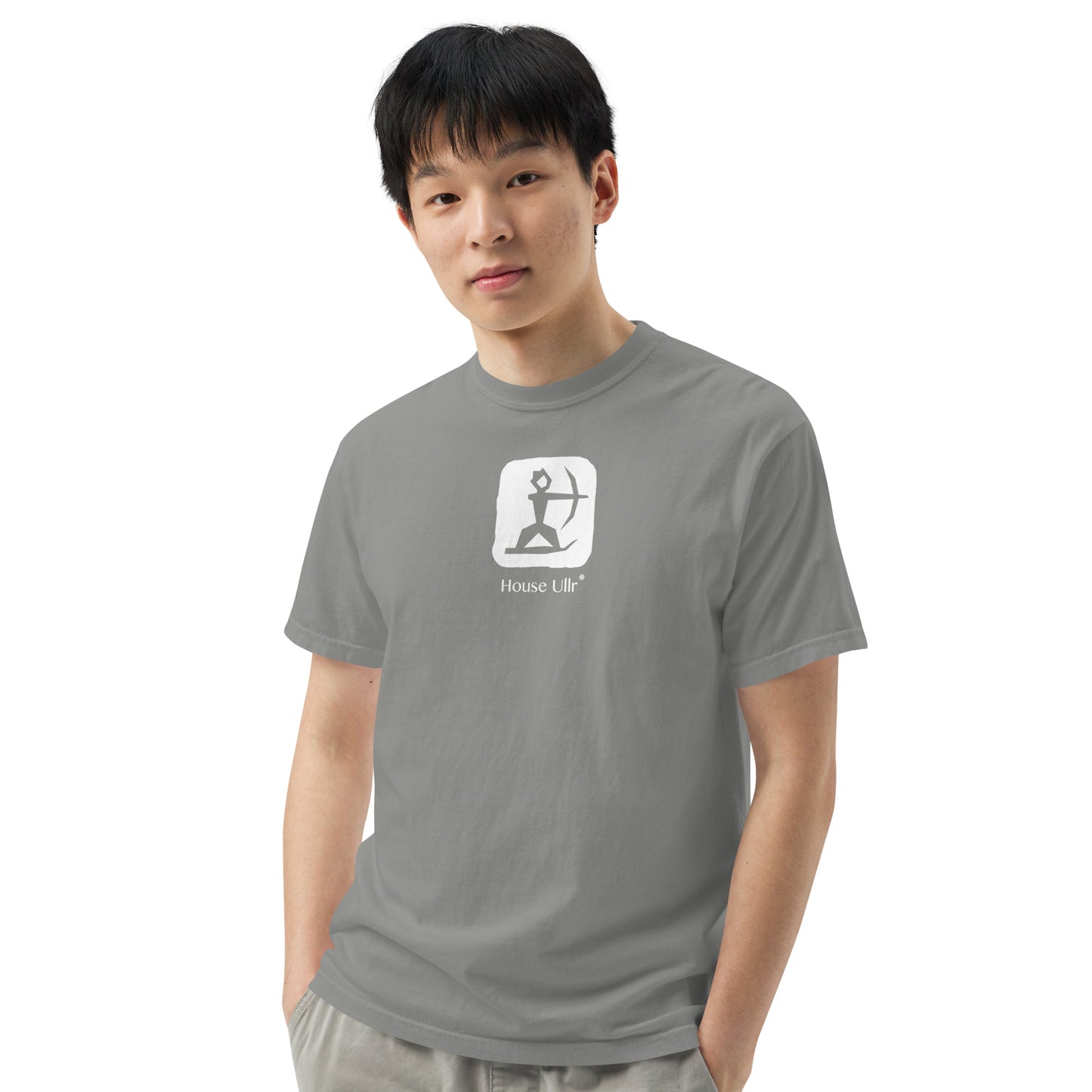 Man Modeling the House Ullr graphic in white on a grey t-shirt from the front.