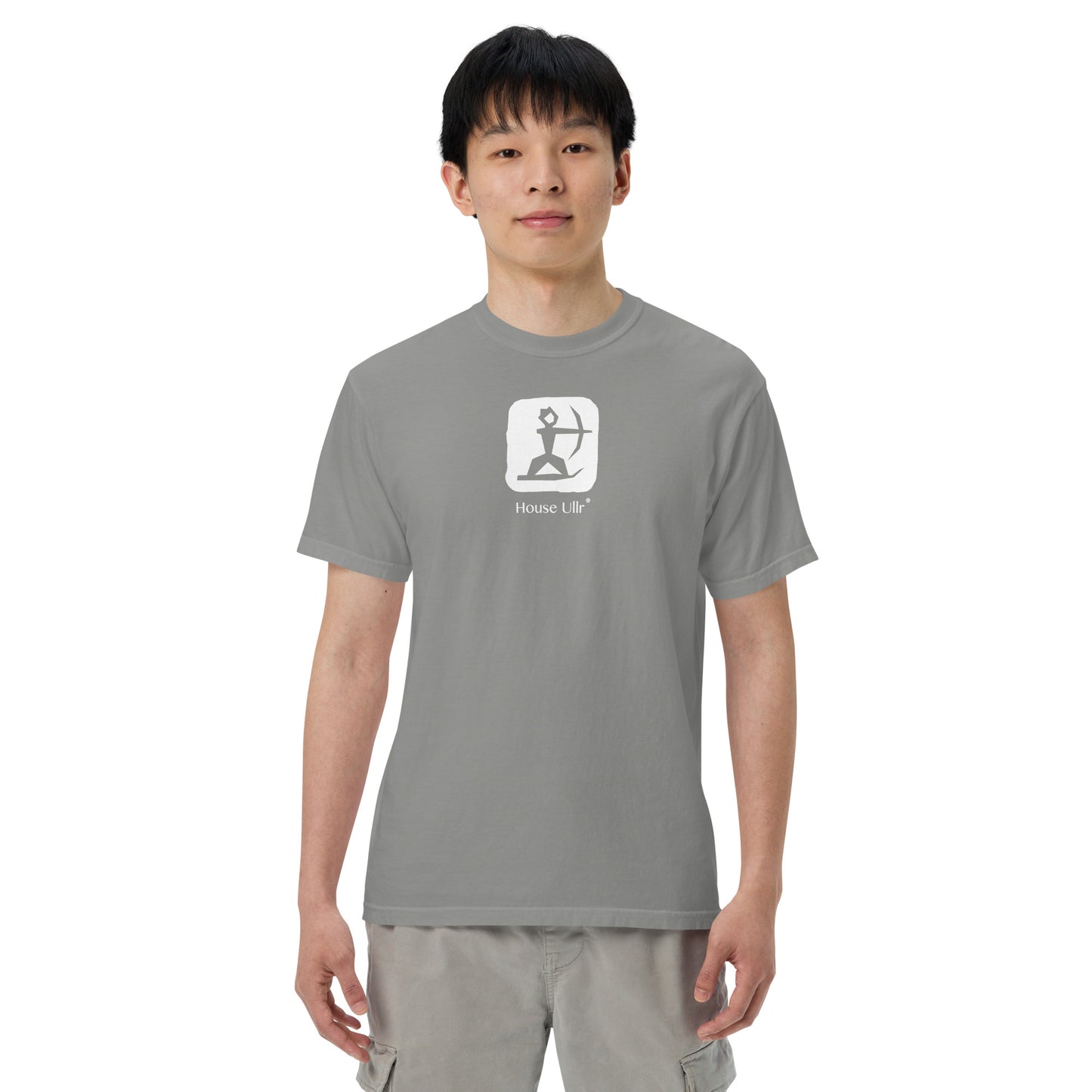Man Modeling the House Ullr graphic in white on a grey t-shirt from the front.