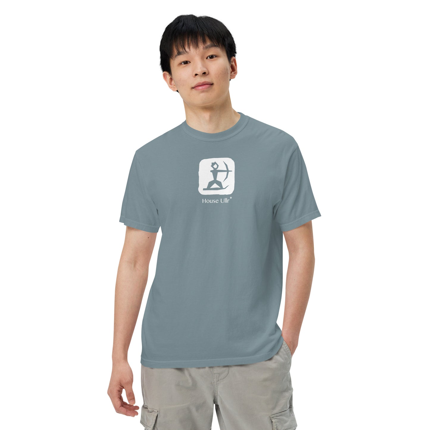 Close up of Man Modeling the House Ullr graphic in white on a ice-blue t-shirt from the front.