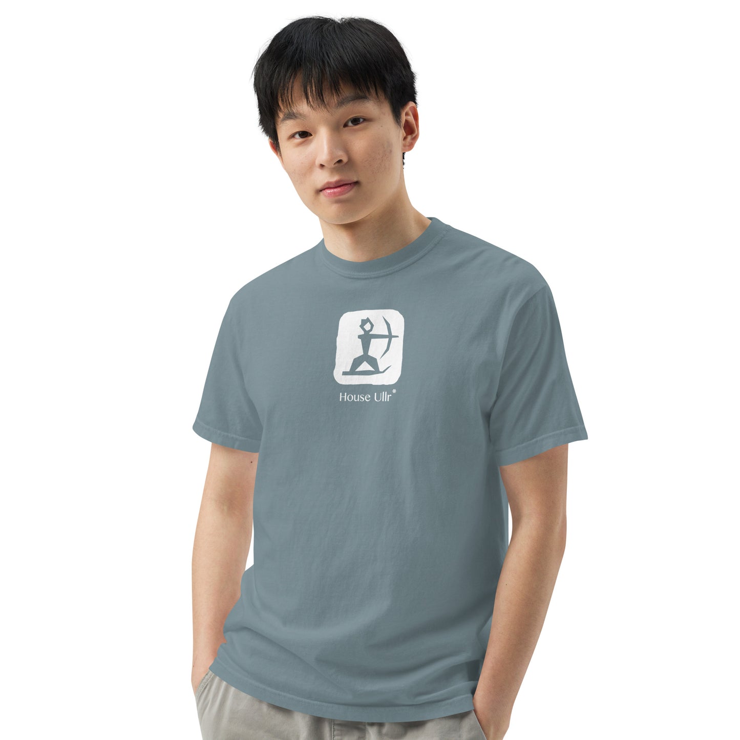 Man Modeling the House Ullr graphic in white on a ice-blue t-shirt from the front.