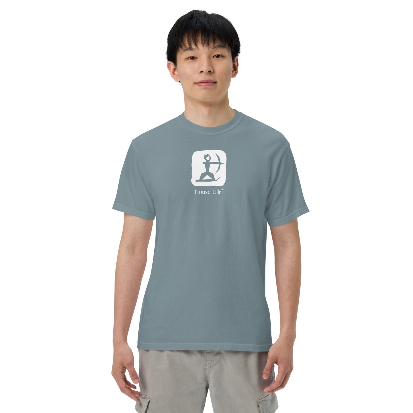 Close up of Man Modeling the House Ullr graphic in white on a ice-blue color t-shirt from the front.