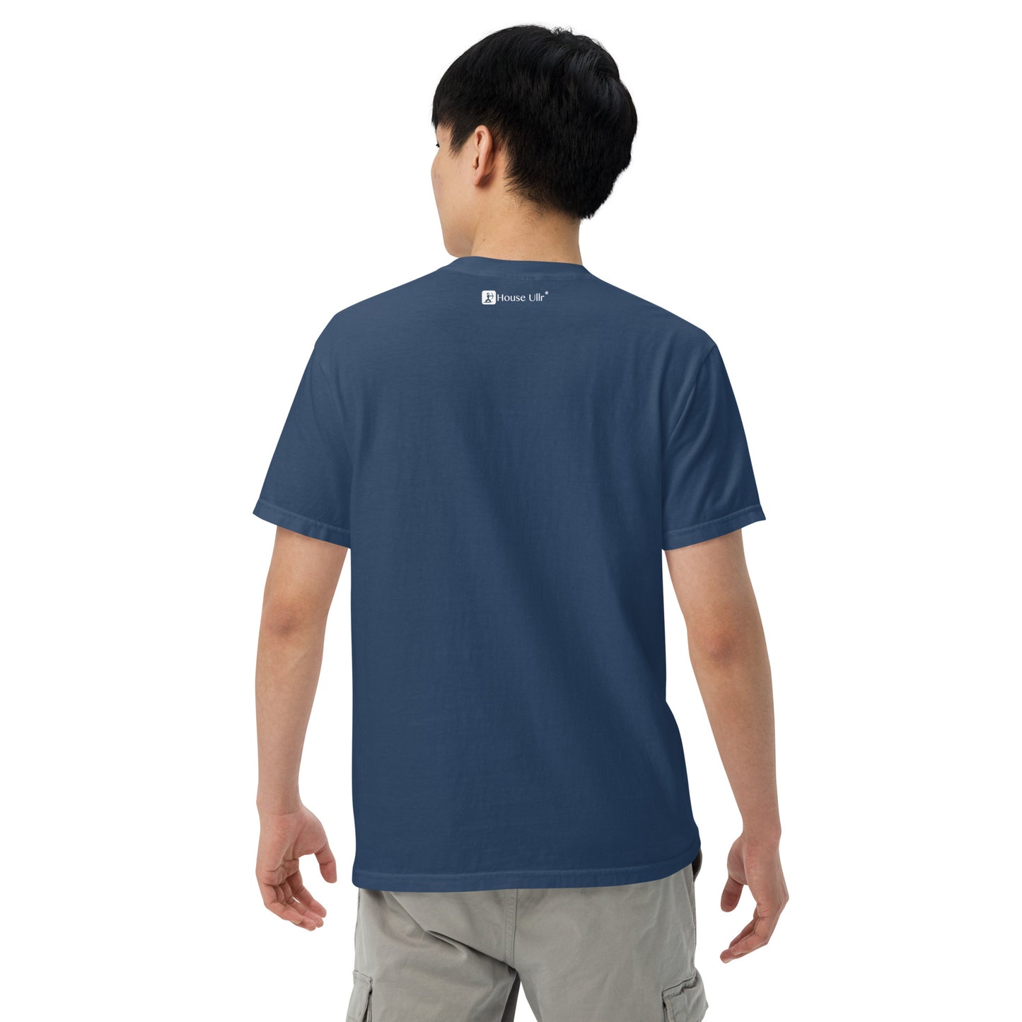 Close up of Man Modeling the House Ullr graphic in white on a true-navy color t-shirt from the back.