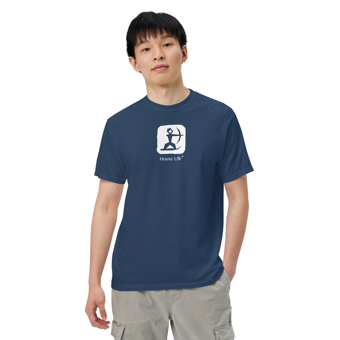 Close up of Man Modeling the House Ullr graphic in white on a true-navy color t-shirt from the front.