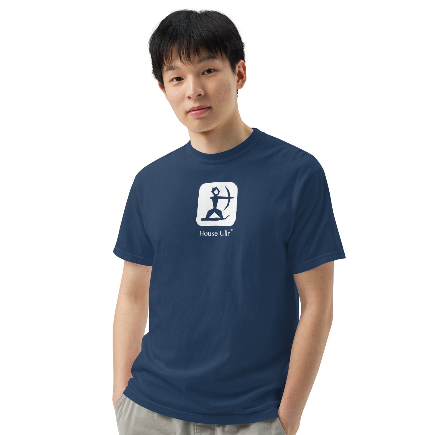 Close up of Man Modeling the House Ullr graphic in white on a true-navy color t-shirt from the front.