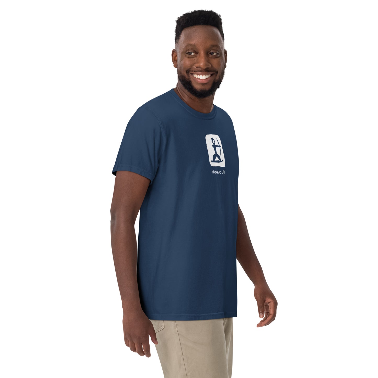 Close up of Man Modeling the House Ullr graphic in white on a true-navy color t-shirt from the left front.