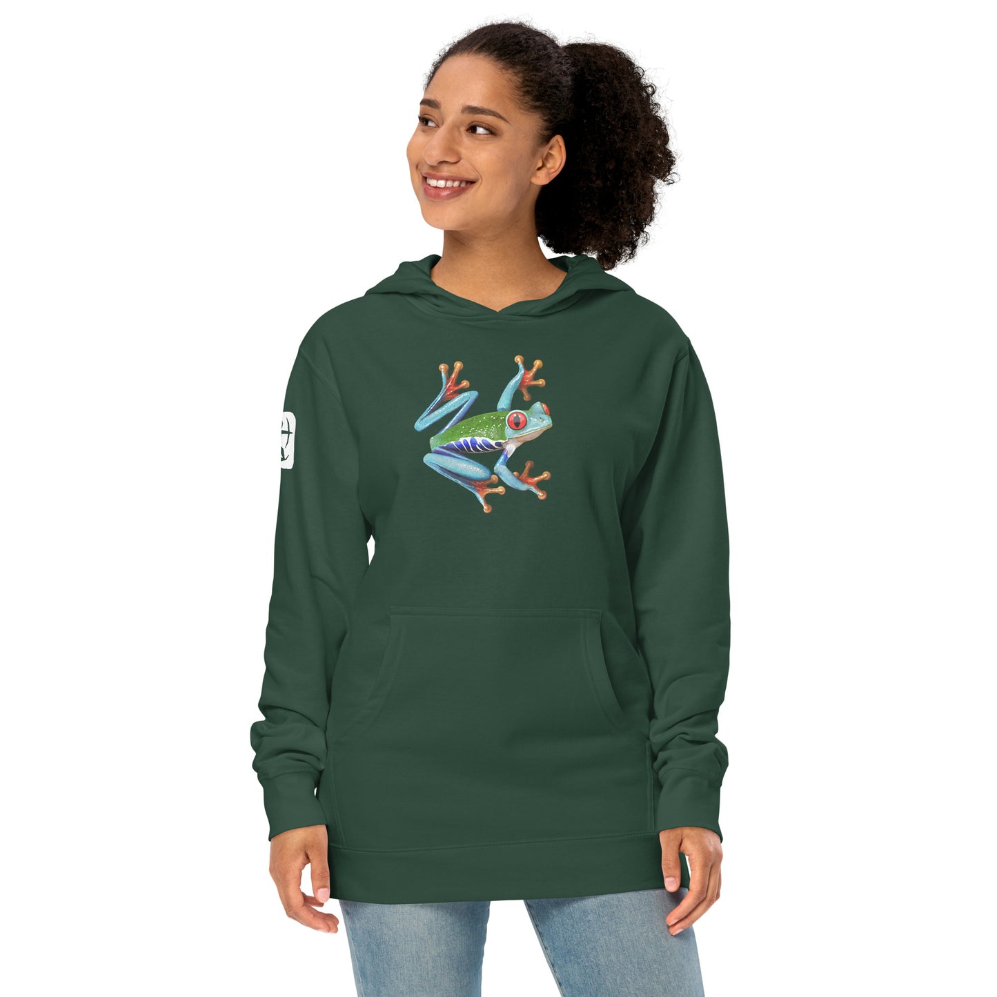 Female model wearing the Anura Sigma hoodie in green from the front.
