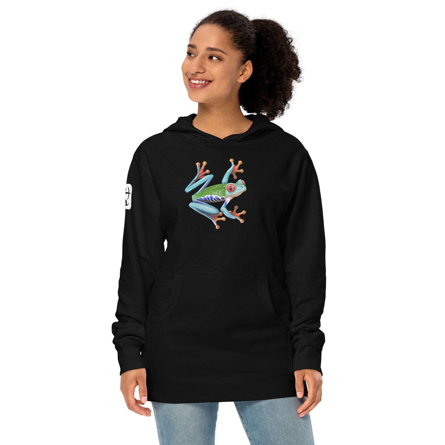 Female model wearing the Anura Sigma hoodie in black from the front.