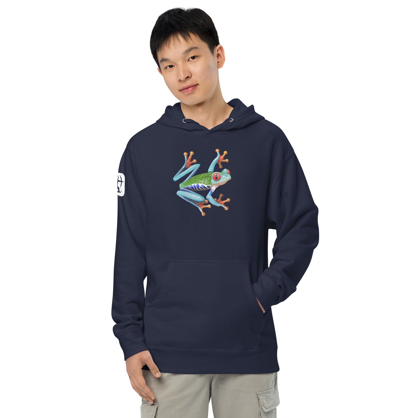 Male model wearing the Anura Sigma hoodie in navy blue from the front.