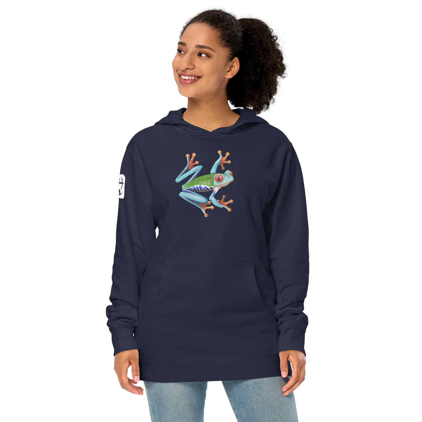 Female model wearing the Anura Sigma hoodie from the front in Navy blue.