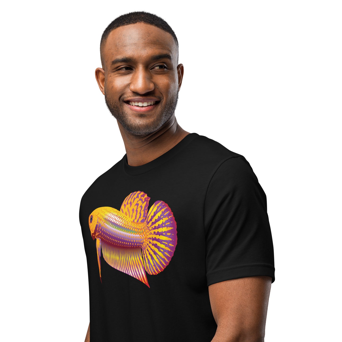 Man shown wearing a Gold Betta Jai print close up on a black t-shirt from the front-right.