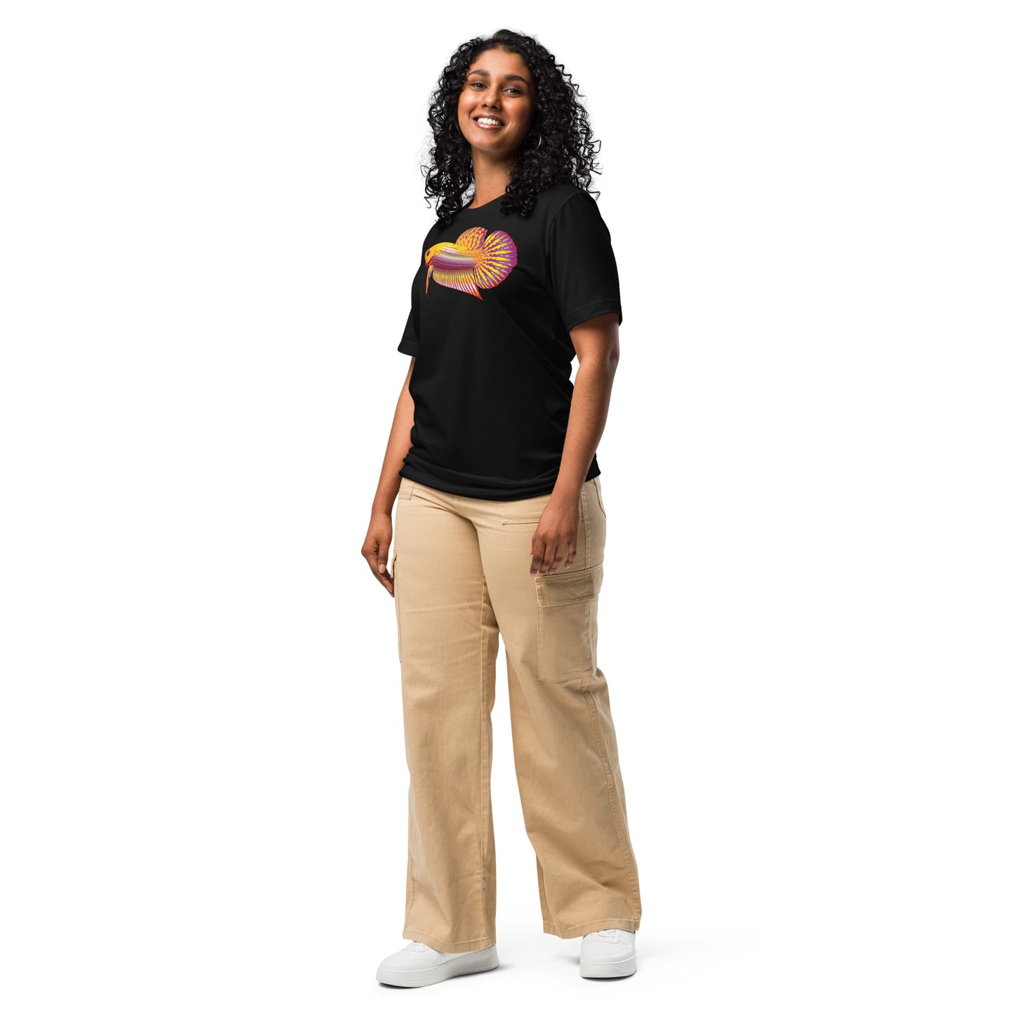 Woman shown wearing a Gold Betta Jai print on a black t-shirt from the front.