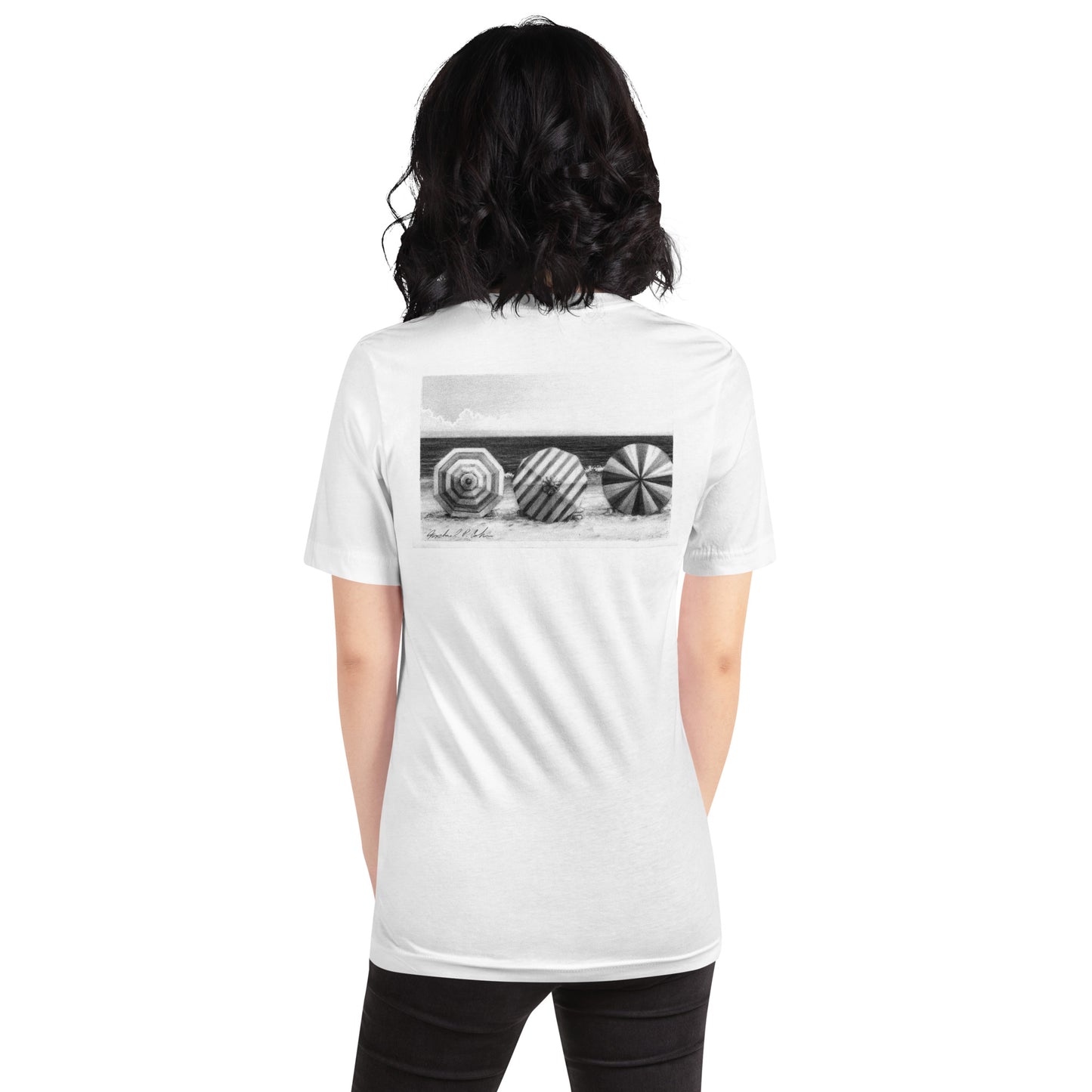 Female model wearing the beach Day #3 T-Shirt in White from the rear.