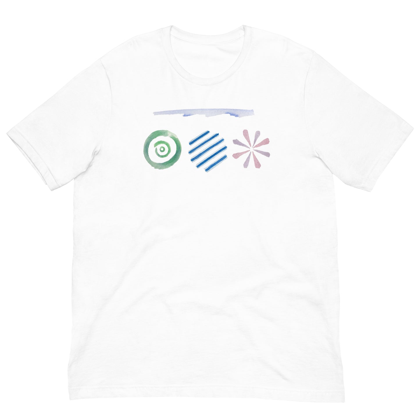 Flat picture of the Beach Day 3 Printed T-shirt in White from the front , showing the watercolor illustration.
