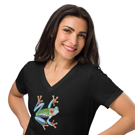 Female model wearing the v-neck anura Sigma womens relaxed t-shirt in black in a close-up from the front.