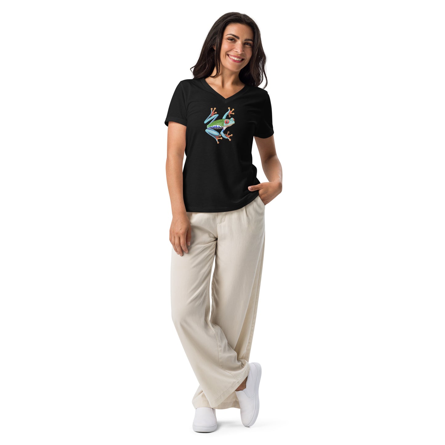 Female model wearing the v-neck anura Sigma womens relaxed t-shirt in black from the front.