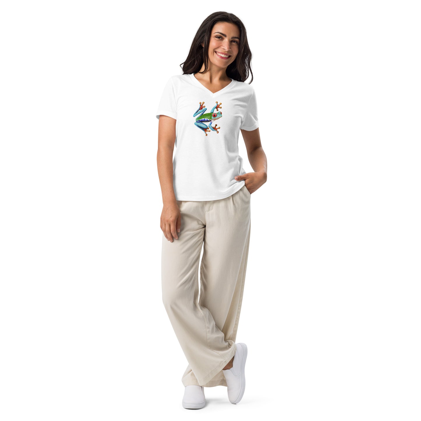 Female model wearing the v-neck anura Sigma womens relaxed t-shirt in white from the front.