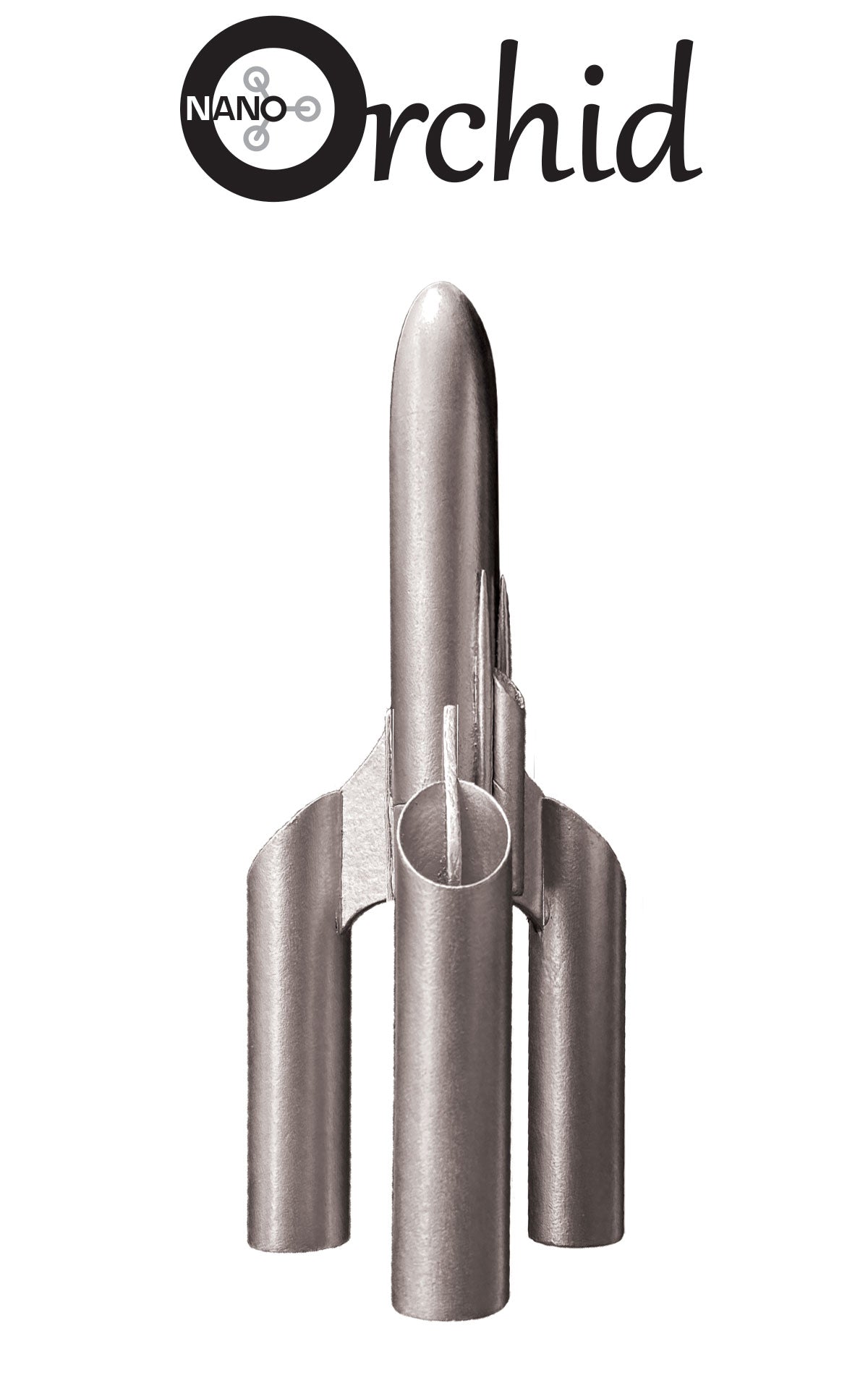 Nano Orchid model rocket painted in silver, shown on a white background.
