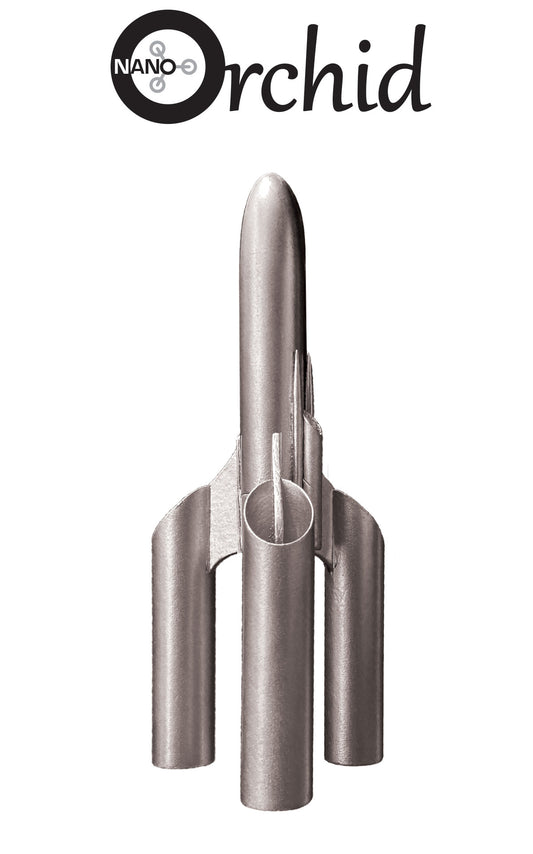 Nano Orchid model rocket painted in silver, shown on a white background.