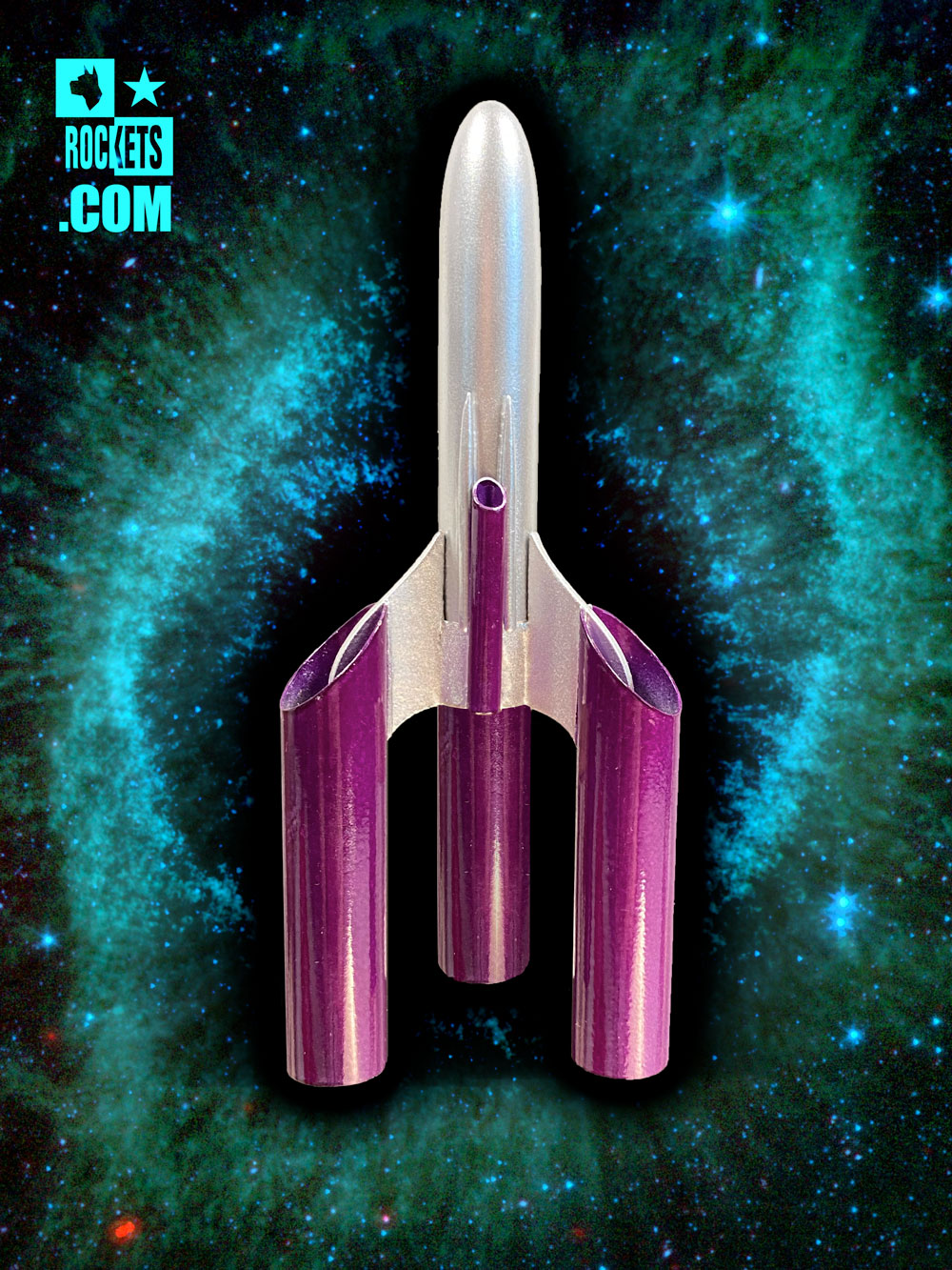Silver Nano Orchid model rocket with purple nacelles against a starry space background with dogstarrockets.com logo