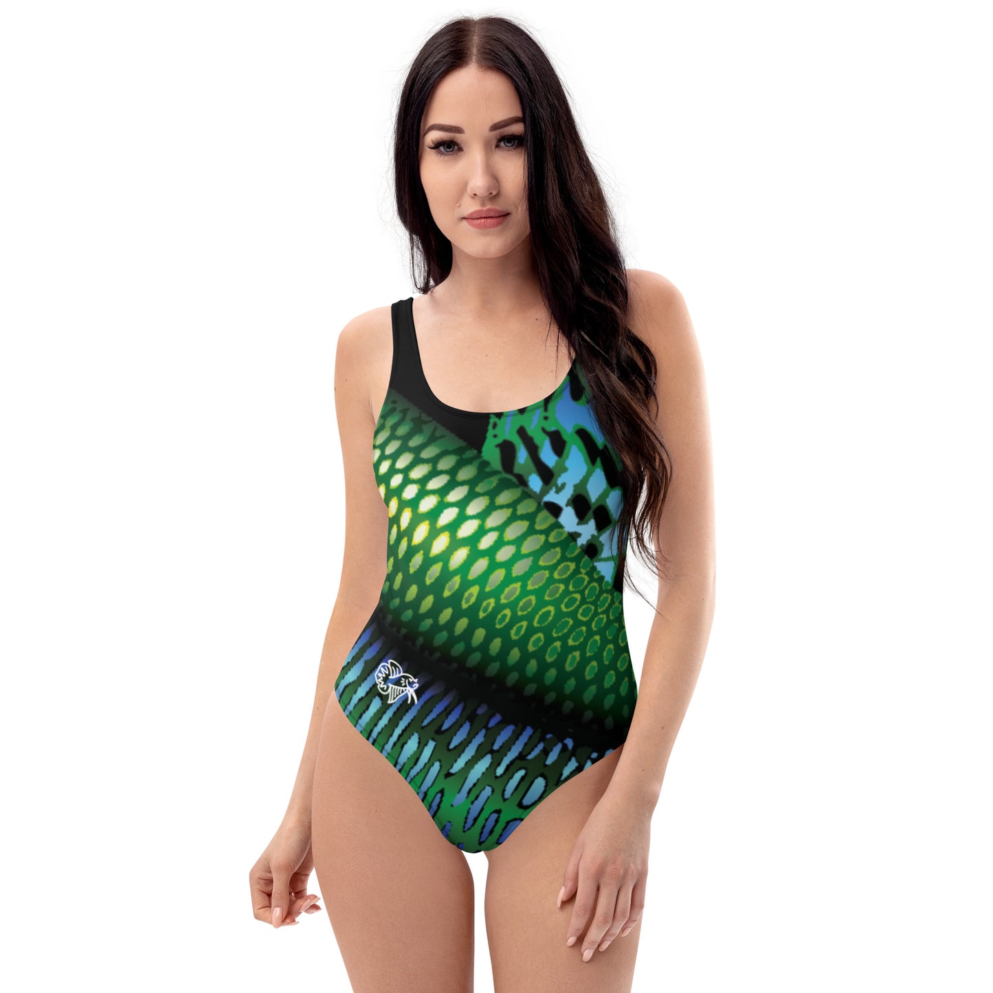 Woman Modeliing the Betta Sawng Swimsuit in greens, yellows, and blue patterns from the front.