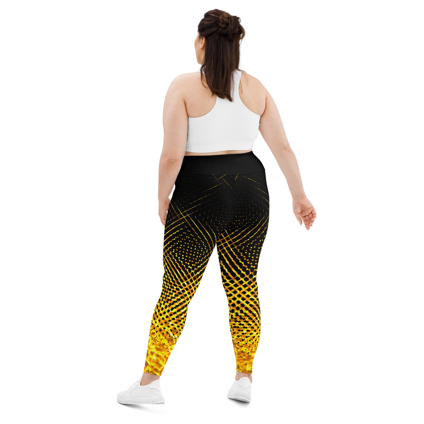 Woman modeling the Moiré Fire plus size leggings from the back.