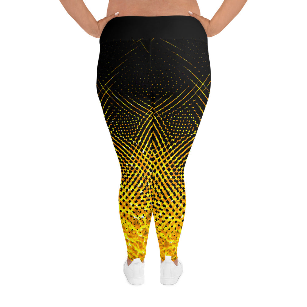 Woman modeling the Moiré Fire plus size leggings from the back.