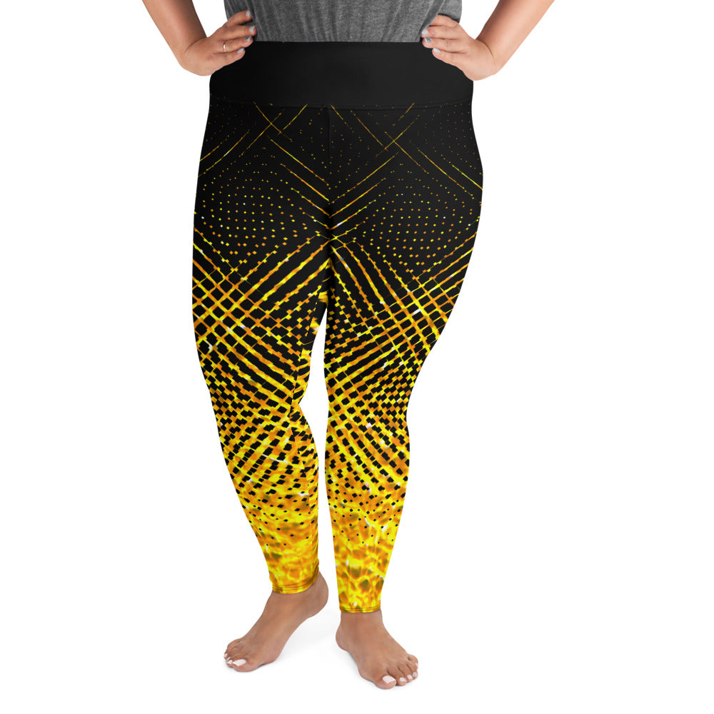 close up of Woman modeling the Moiré Fire plus size leggings from the front.