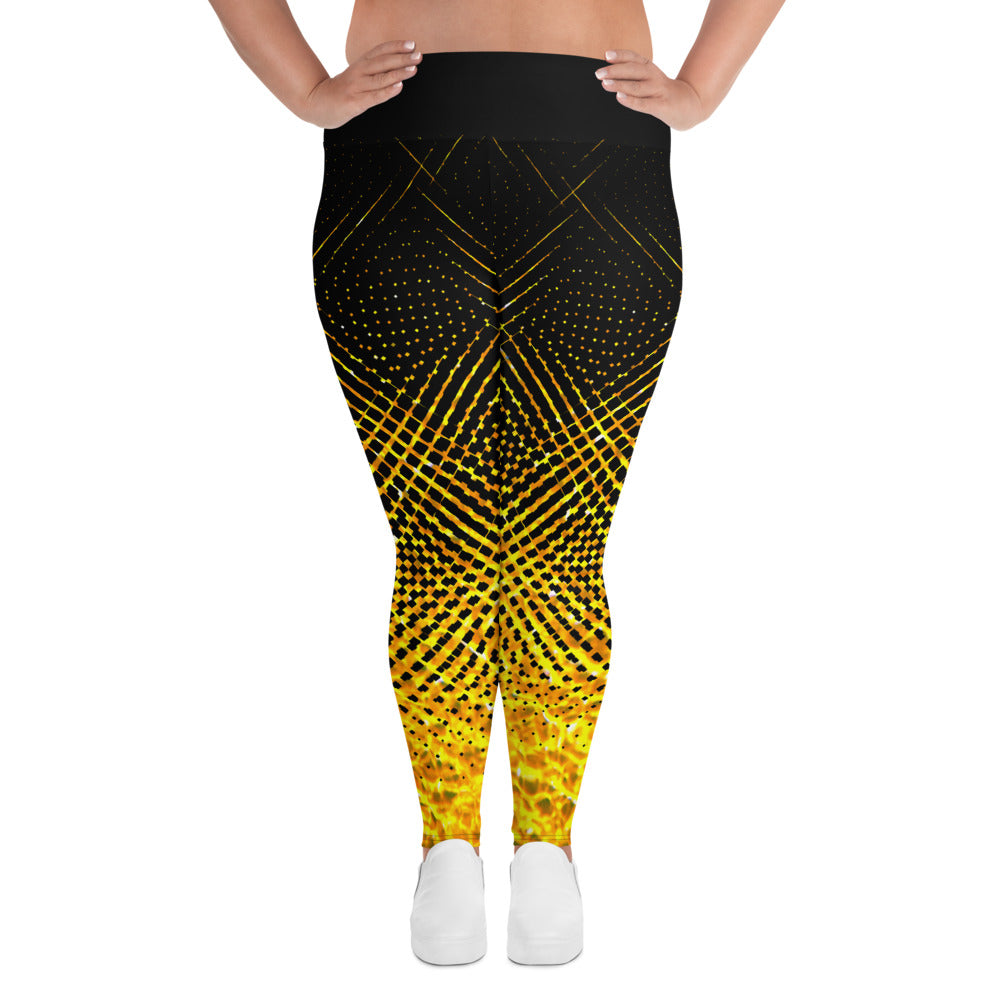 Woman modeling the Moiré Fire plus size leggings from the back.