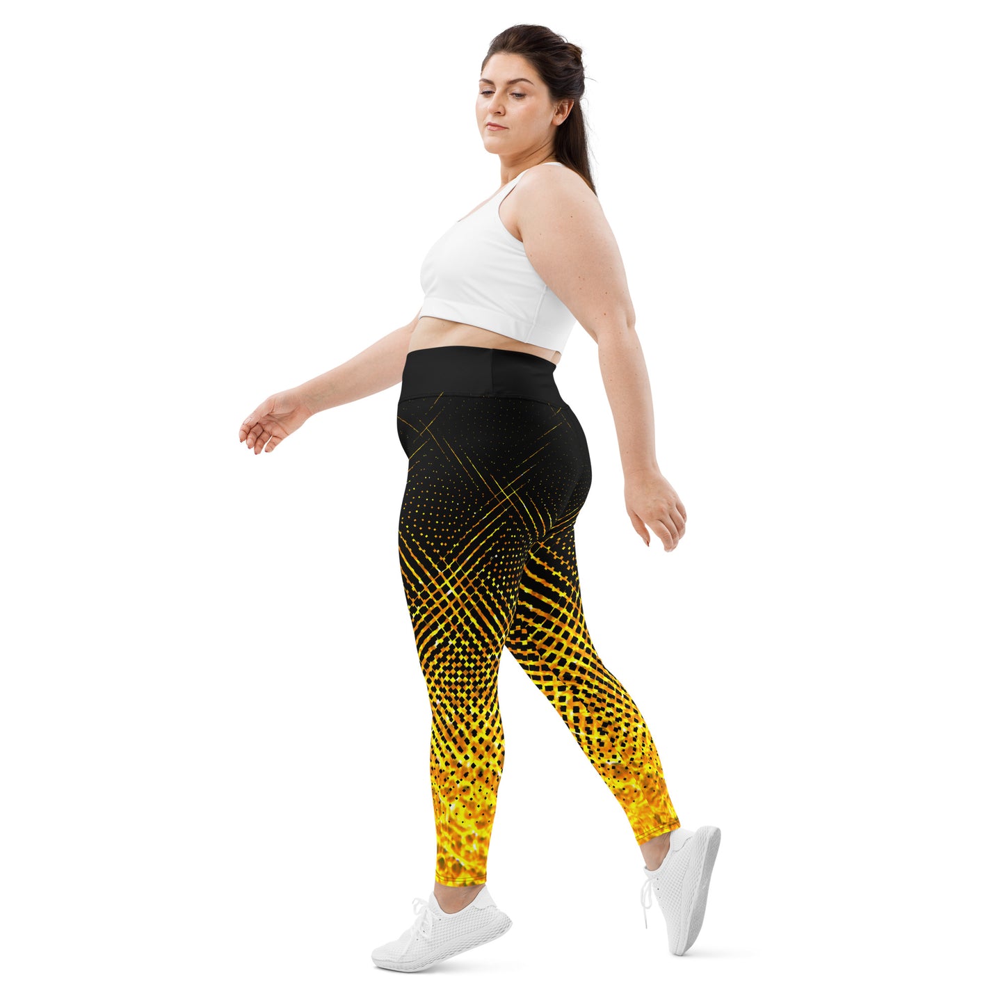 Woman modeling the Moiré Fire plus size leggings from the side.